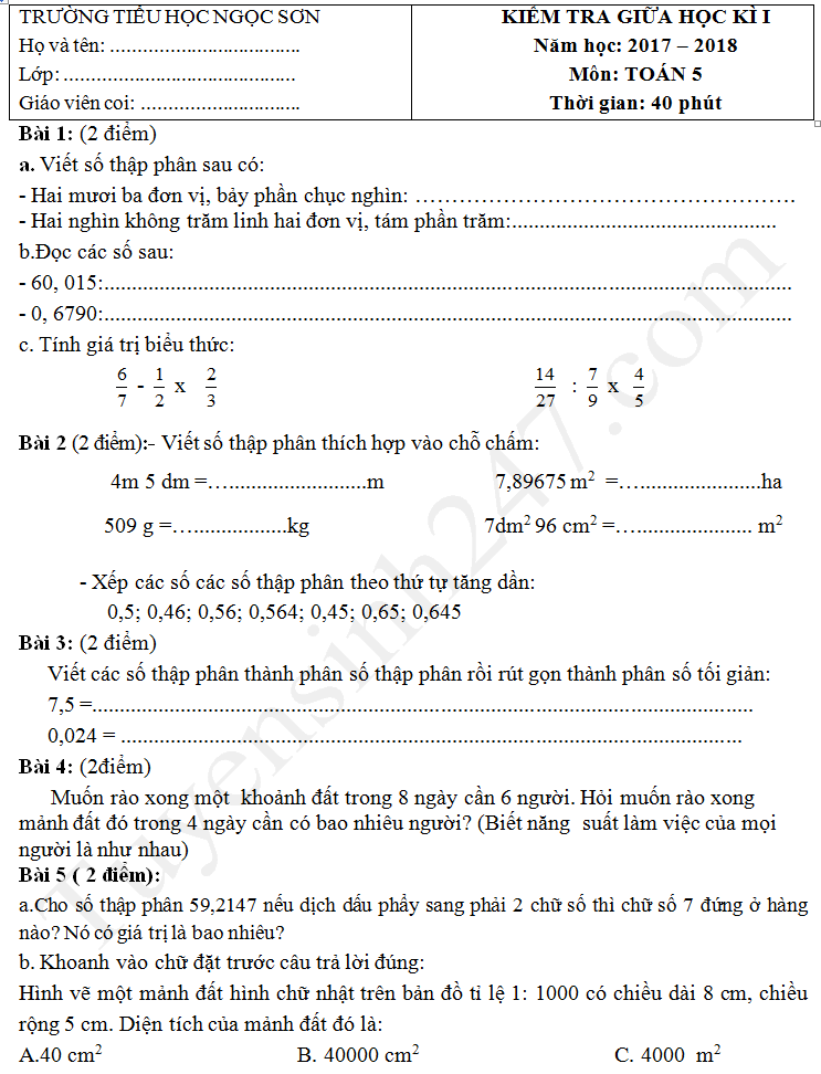 Đề thi giữa kì 1 môn Toán lớp 5  - TH Ngọc Sơn năm học 2017 - 2018