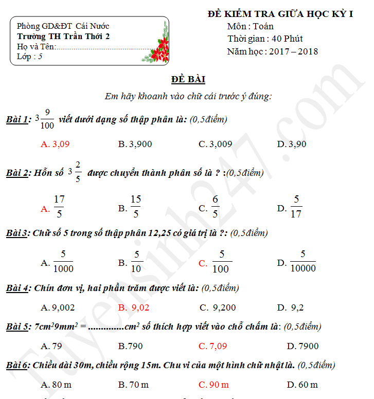 Đề thi giữa kì 1 lớp 5 môn Toán - TH Trần Thới 2 năm 2017