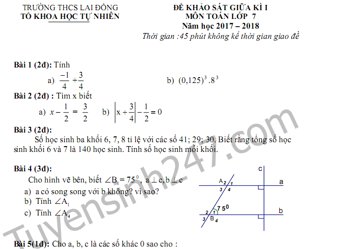 Đề thi giữa kì 1 năm 2017 lớp 7 môn Toán - THCS Lai Đồng