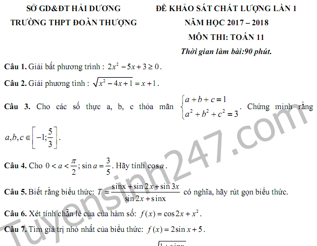 Đề thi 8 tuần kì 1 lớp 11 môn Toán 2017 - 2018 - THPT Đoàn Thượng