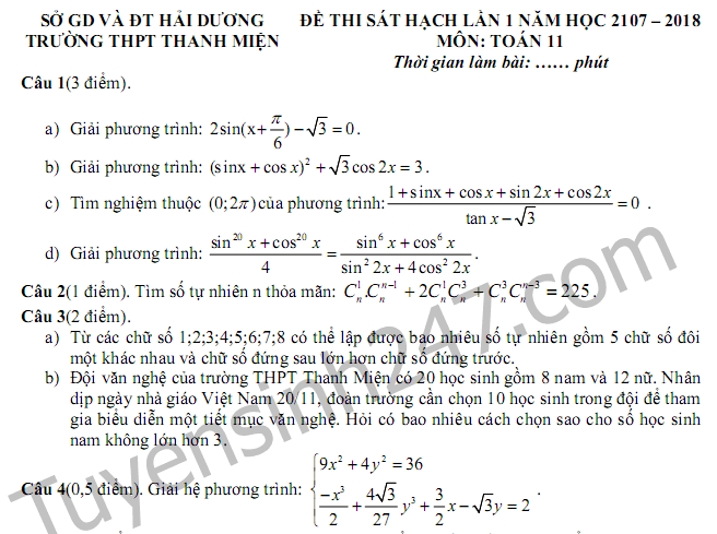 Đề thi giữa kì 1 lớp 11 môn Toán 2017 - THPT Thanh Miện