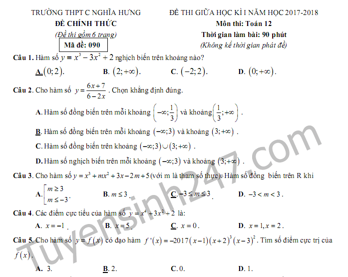 Đề kiểm tra giữa kì 1 lớp 12 môn Toán - THPT C Nghĩa Hưng 2017 - 2018