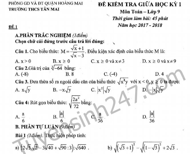 Đề thi giữa kì 1 môn Toán lớp 9  - THCS Tân Mai năm học 2017 - 2018
