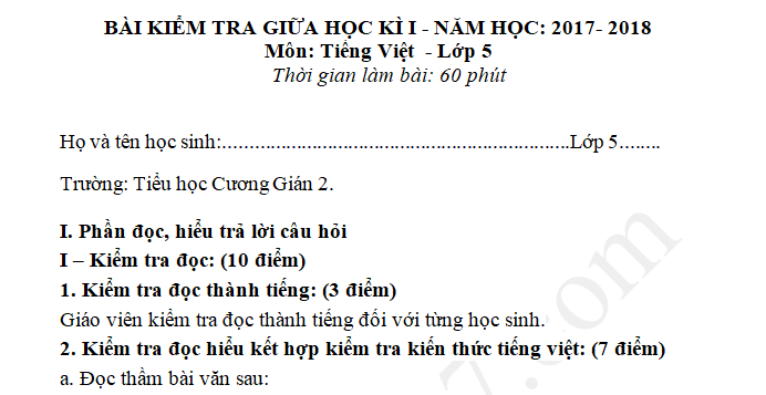 Đề kiểm tra giữa kì 1 năm 2017 môn Tiếng Việt lớp 5 - TH Cương Gián