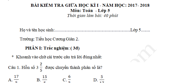 Đề kiểm tra giữa kì 1 môn Toán lớp 5 năm học 2017 - 2018