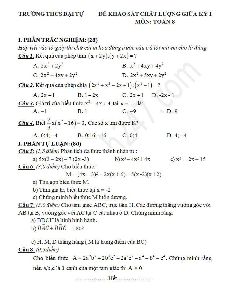 Đề thi giữa học kì 1 Toán 8 - THCS Đại Tự 2017 - 2018 
