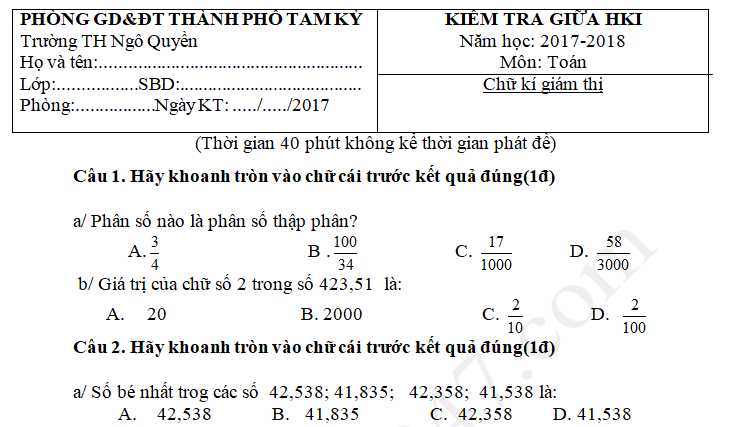 Đề thi giữa kì 1 lớp 5 môn Toán - Tiểu học Ngô Quyền 2017