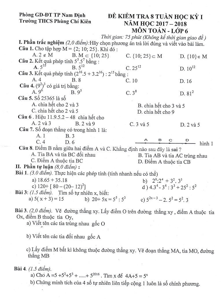 Đề thi 8 tuần kì 1 môn Toán lớp 6- THCS Phùng Chí Kiên - Nam Định năm 2017 