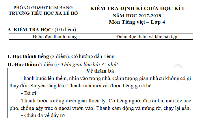 Đề thi giữa kì 1 môn Tiếng Việt lớp 4 năm 2017 - Tiểu học Lê Hồ