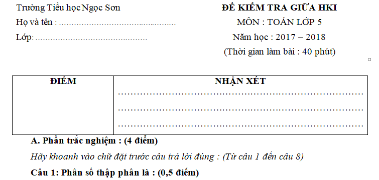 Đề thi giữa học kì 1 môn Toán lớp 5 - TH Ngọc Sơn 2017