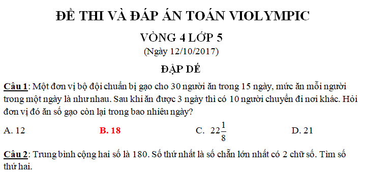 Đề thi toán VIOLYMPIC vòng 4 lớp 5 năm 2017 có đáp án