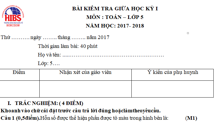 Đề kiểm tra giữa kì 1 lớp 5 môn Toán 2017 - TH Song Ngữ