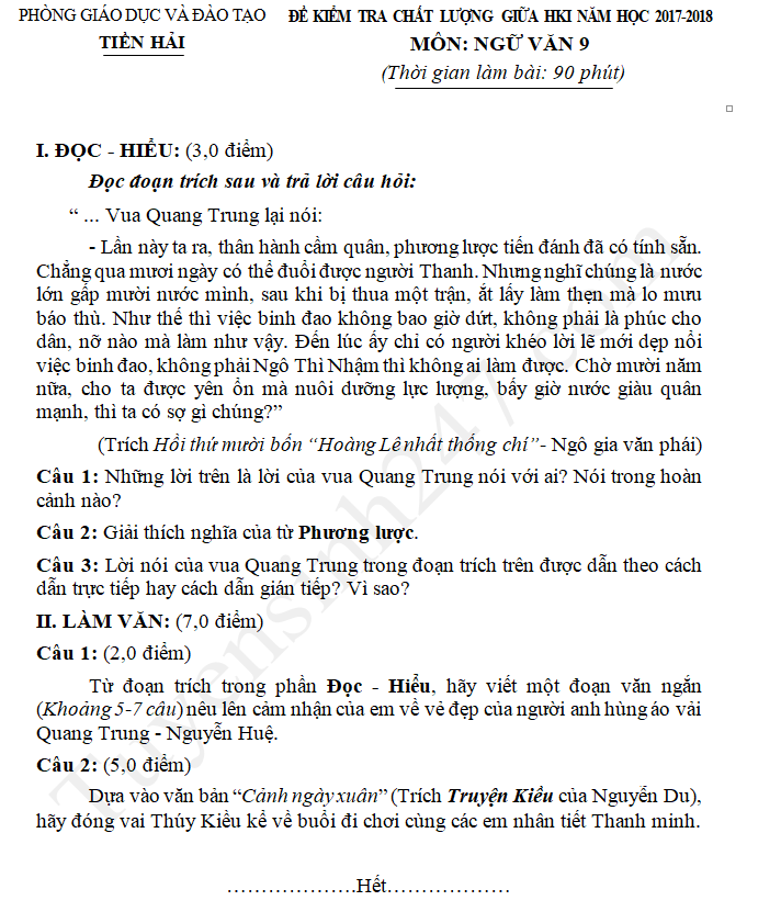 Đề kiểm tra giữa kì 1 môn Văn lớp 9 - Tiền Hải năm 2017