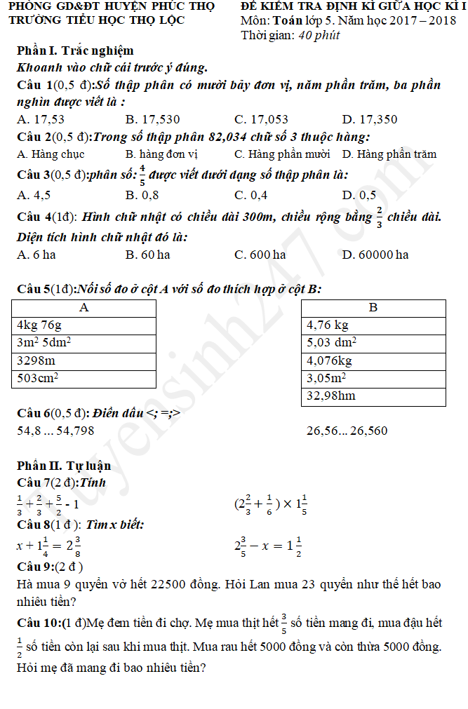 Đề thi giữa kì 1 môn Toán lớp 5 - TH Thọ Lộc có đáp án 2017