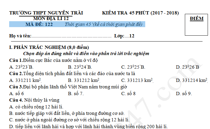 Đề thi giữa kì 1 môn Địa lớp 12 - THPT Nguyễn Trãi 2017 - 2018