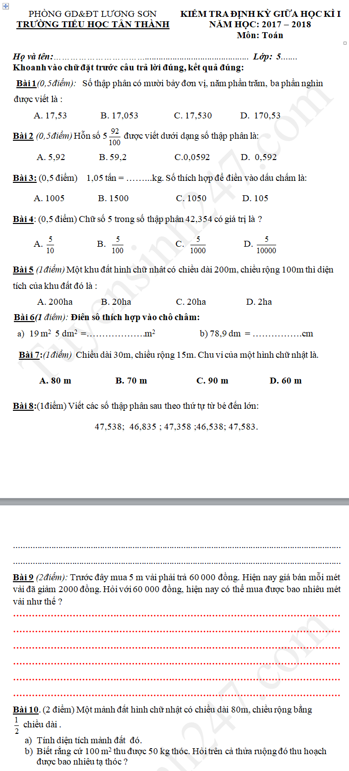 Đề kiểm tra giữa kì 1 lớp 5 môn Toán 2017 - Tiểu học Tân Thành