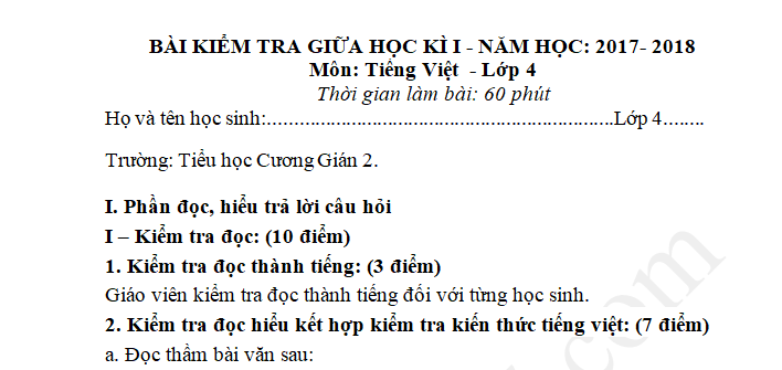 Đề thi khảo sát 8 tuần kì 1 môn Tiếng Việt lớp 4 năm 2017