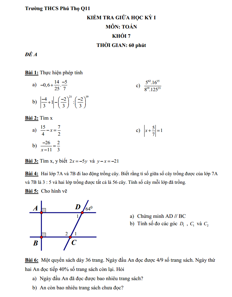 Đề thi giữa kì 1 lớp 7 môn Toán - THCS Phú Thọ Q11 năm 2017