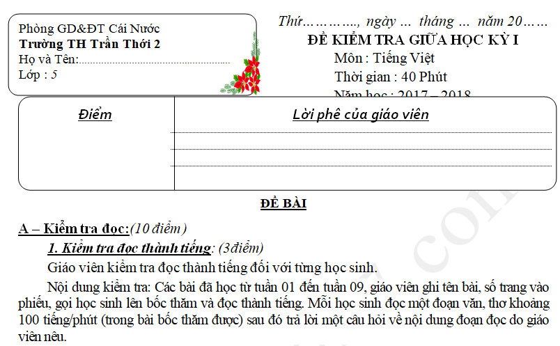 Đề thi giữa học kì 1 môn Tiếng Việt lớp 5 - TH Trần Nhới 2017