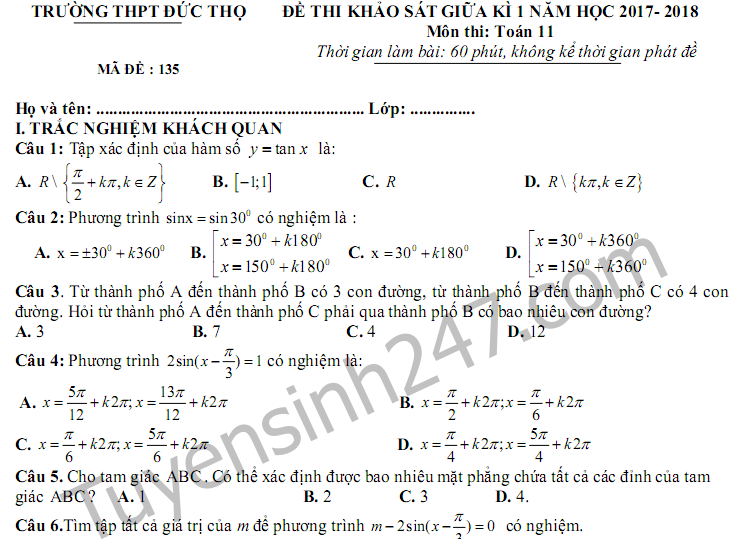 Đề thi giữa kì 1 lớp 11 môn Toán 2017 - 2018 THPT Đức Thọ