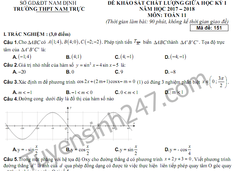 Đề thi 8 tuần kì 1 lớp 11 môn Toán THPT Nam Trực 2017 - 2018