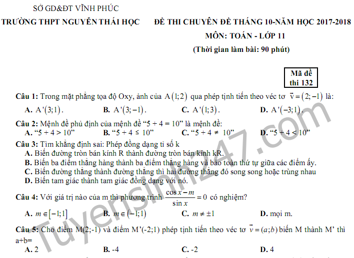 Đề thi 8 tuần kì 1 lớp 11 môn Toán THPT Nguyễn Thái Học 2017-2018