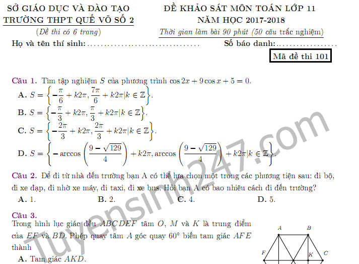 Đề kiểm tra 8 tuần kì 1 lớp 11 môn Toán 2017-2018 THPT Quế Võ số 2