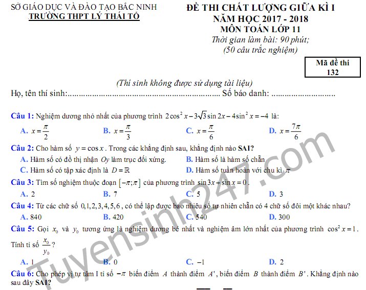 Đề thi giữa kì 1 lớp 11 môn Toán THPT Lý Thái Tổ 2017 - 2018