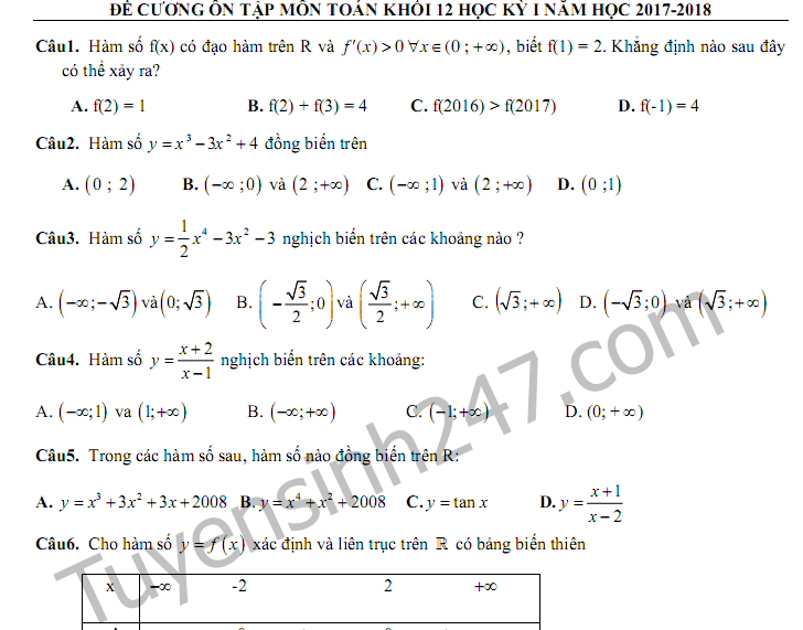 Đề cương ôn tập môn Toán học kì 1 lớp 12 năm 2017 - 2018