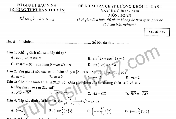 Đề thi giữa kì 1 môn Toán lớp 11 THPT Hàn Thuyên 2017-2018