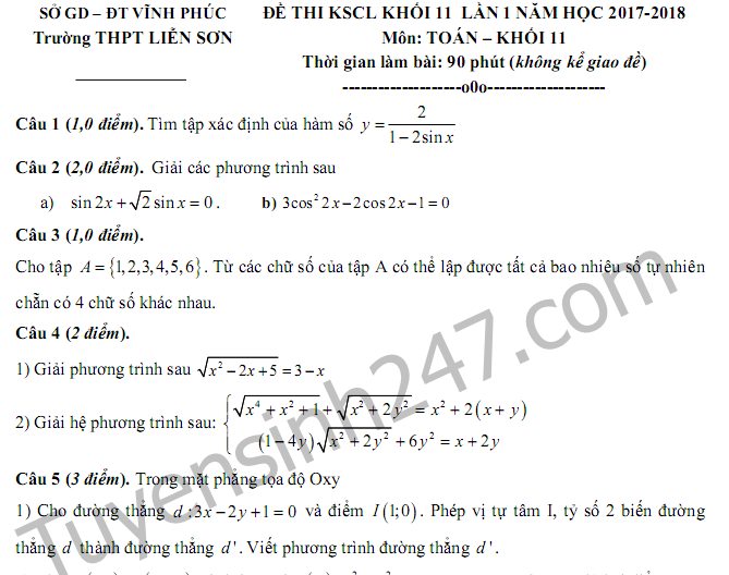 Đề thi giữa kì 1 lớp 11 môn Toán THPT Liễn Sơn năm học 2017-2018