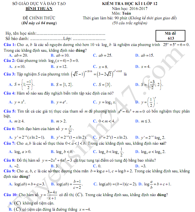 Đề thi học kì 1 lớp 12 môn Toán - Bình Thuận năm 2017 có đáp án