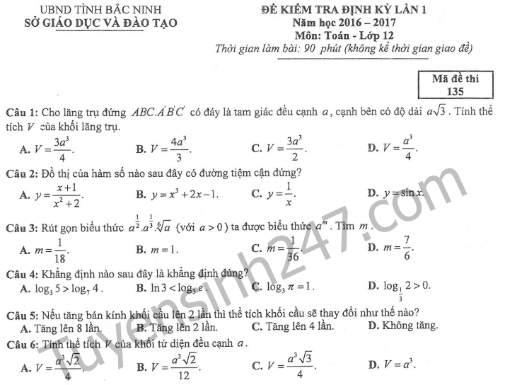 Đề kiểm tra học kì 1 lớp 12 môn Toán 2017 - Bắc Ninh