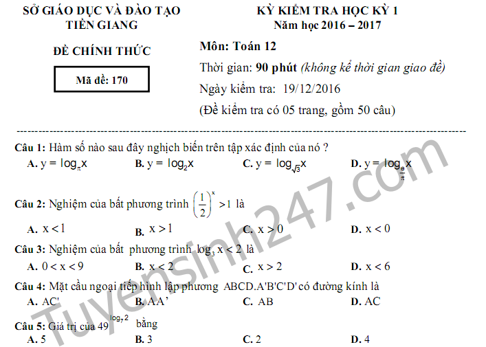 Đề thi học kì 1 năm 2017 môn Toán lớp 12 Tiền Giang