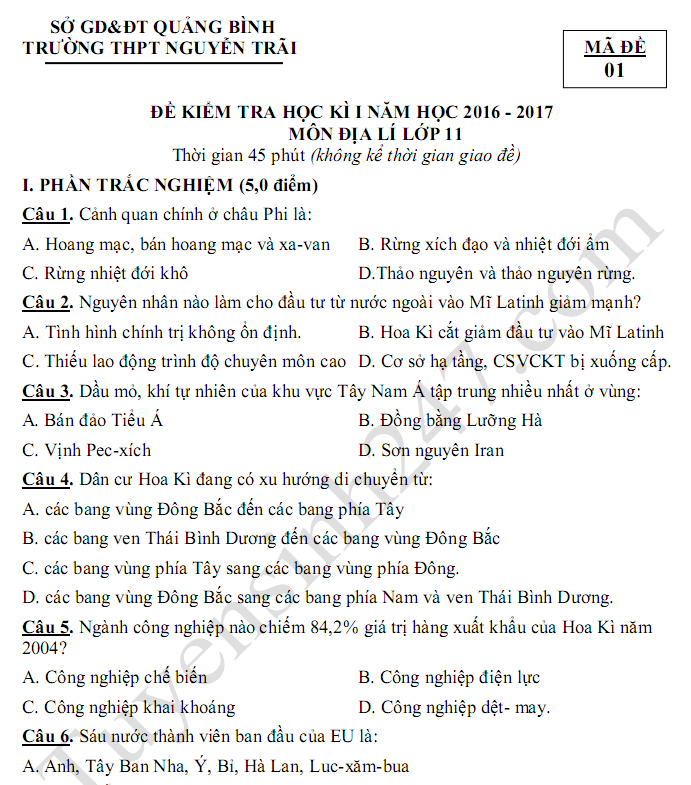 Đề kiểm tra học kì 1 lớp 11 môn Địa - THPT Nguyễn Trãi 2017 