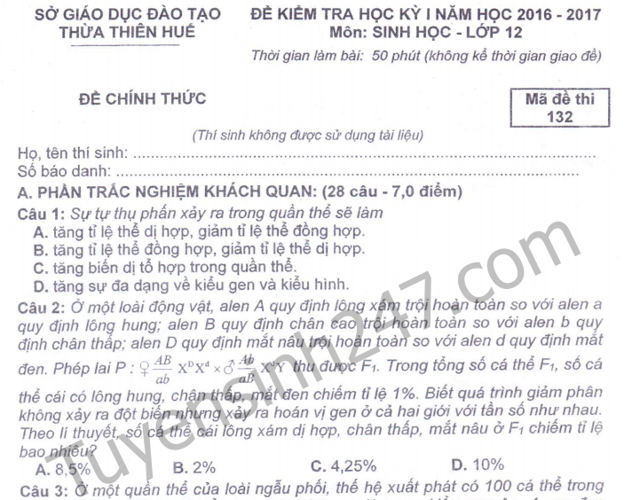 Đề thi học kì 1 môn Sinh lớp 12 - Thừa Thiên Huế 2017