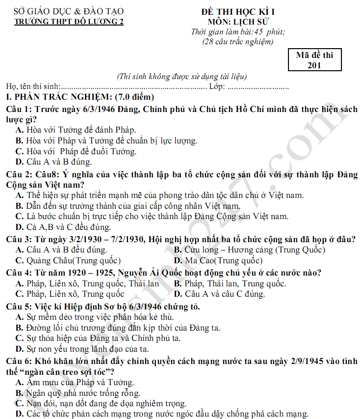 Đề thi cuối kì 1 lớp 12 môn Sử 2017 -  THPT Đô Lương 2