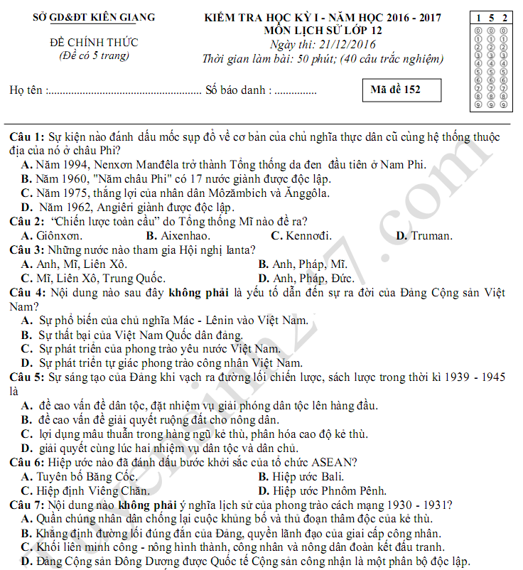 Đề kiểm tra học kì 1 lớp 12 môn Sử - Kiên Giang năm  2017