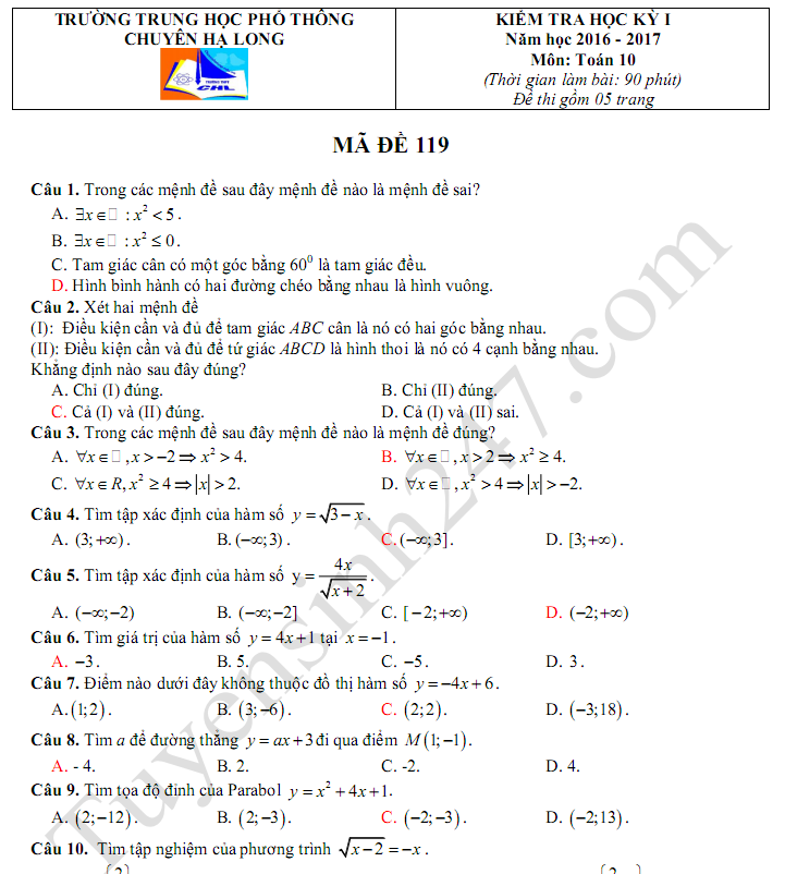 Đề thi cuối kì 1 lớp 10 môn Toán - Chuyên Hạ Long năm 2017