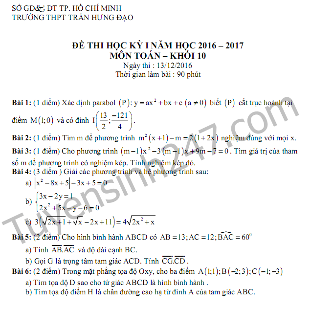Đề thi học kì 1 môn Toán lớp 10  trường THPT Trần Hưng Đạo 2017