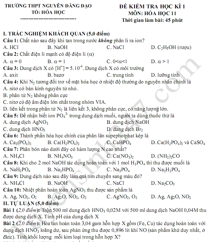 Đề thi học kì 1 môn Hóa lớp 11  - THPT Nguyễn Đăng Đạo năm 2017