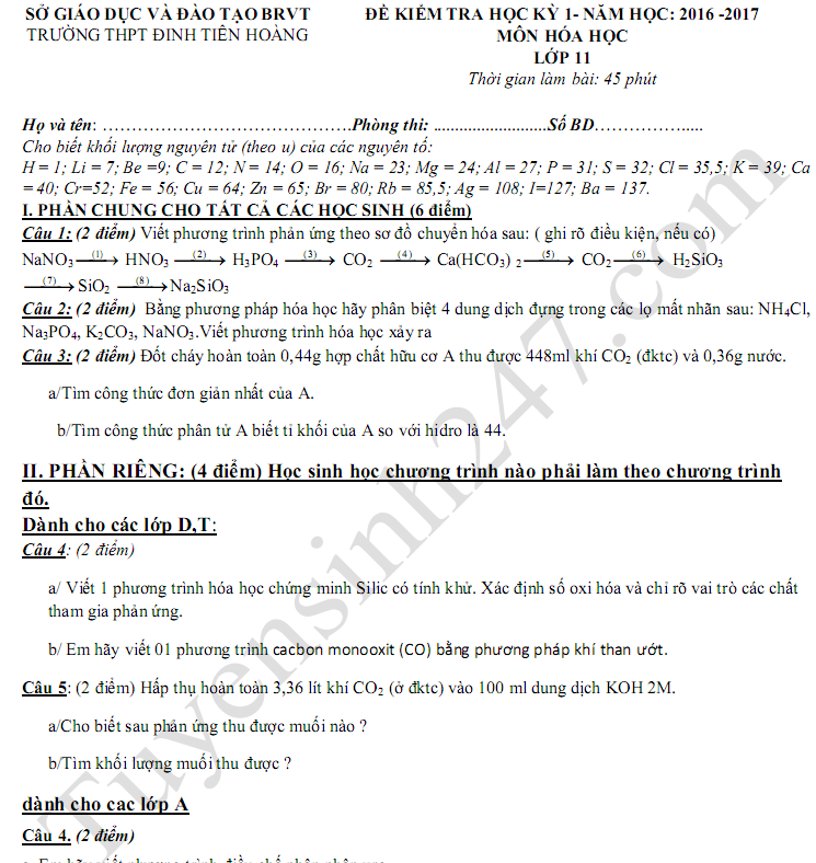 Đề kiểm tra học kì 1 môn Hóa lớp 11 - THPT Đinh Tiên Hoàng 2017