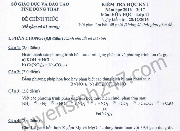 Đề thi cuối kì 1 lớp 11 môn Hóa 2017 - Đồng Tháp