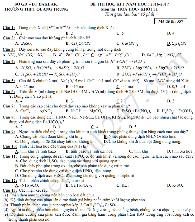 Đề thi học kì 1 lớp 11 môn Hóa - THPT Quang Trung 2017