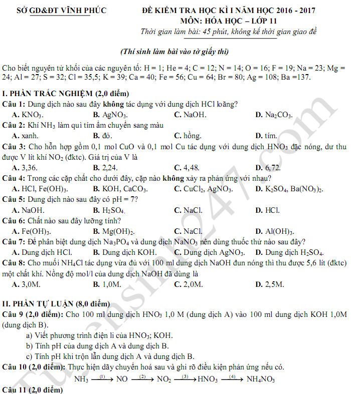 Đề thi học kì 1 lớp 11 môn Hóa 2017 - Sở GD Vĩnh Phúc có đáp án