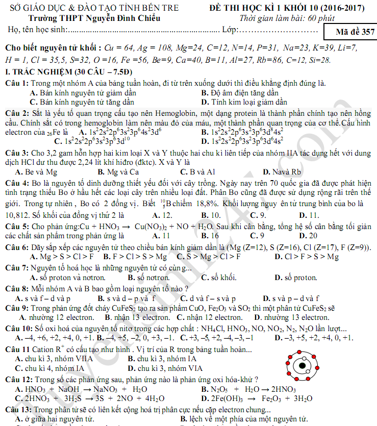 Đề thi học kì 1 môn Hóa lớp 10 - THPT Nguyễn Đình Chiểu 2017