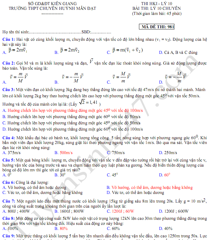 Đề kiểm tra học kì 1 lớp 10 môn Lý - THPT Huỳnh Mẫn Đạt năm 2017
