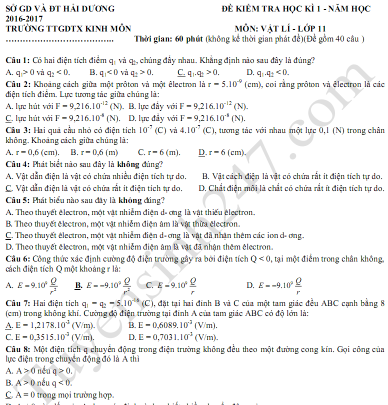 Đề thi học kì 1 năm 2017 lớp 11 môn Lý - THPT Kinh Môn