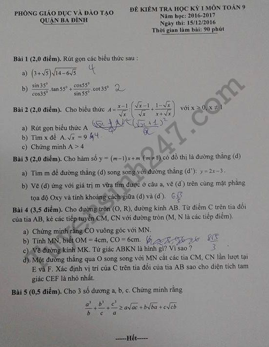 Đề thi học kì 1 môn Toán lớp 9 năm 2017 - Quận Ba Đình