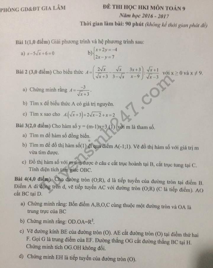 Đề thi cuối học kì 1 năm 2017 môn Toán lớp 9 huyện Gia Lâm, Hà Nội